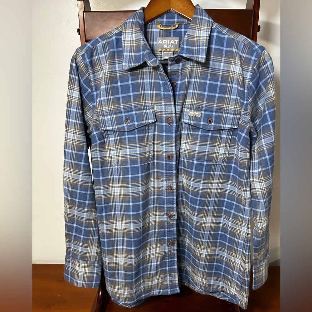 Ariat Rebar Men's Small Plaid Button Down Flannel Shirt- Blue, Yellow/Tan, White